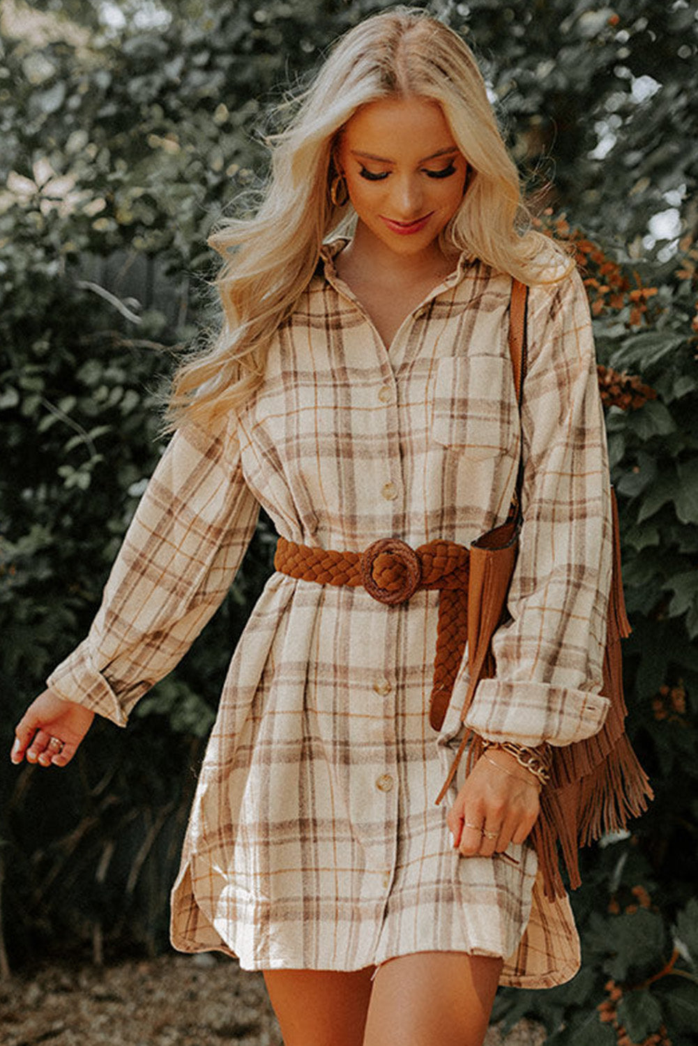 Khaki Plaid Pattern Collared Neck Ruffled Sleeve Shirt Dress