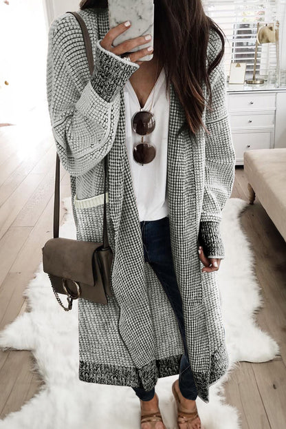 Rose Plaid Knitted Long Open Front Cardigan