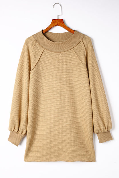 Khaki Waffle Knit Patchwork Oversized Pullover Sweatshirt