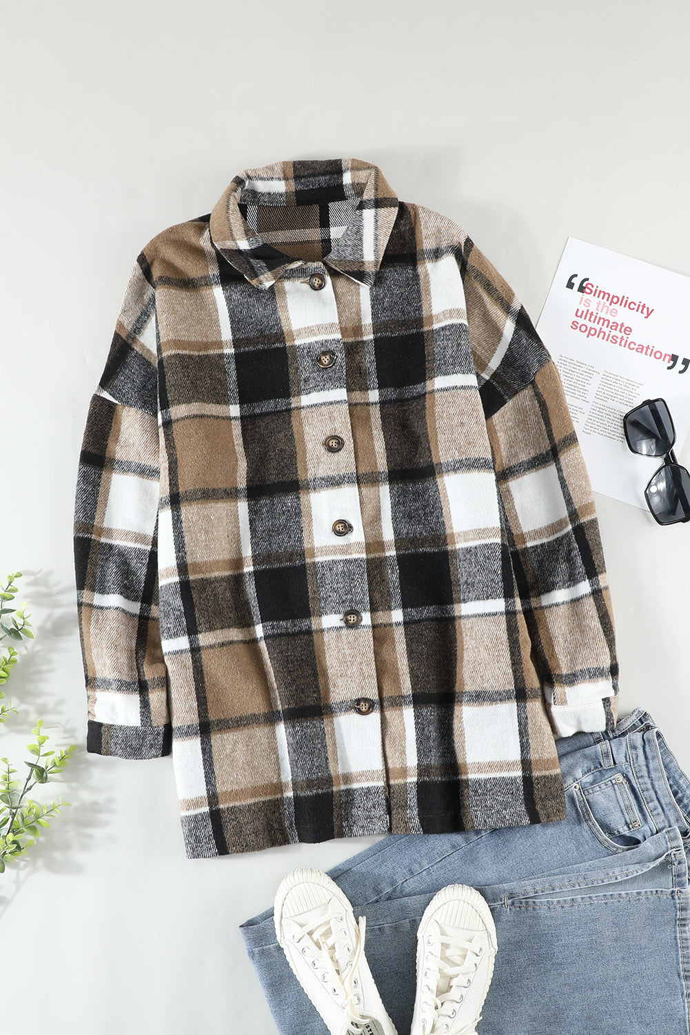 Red Plaid Print Buttoned Shirt Jacket