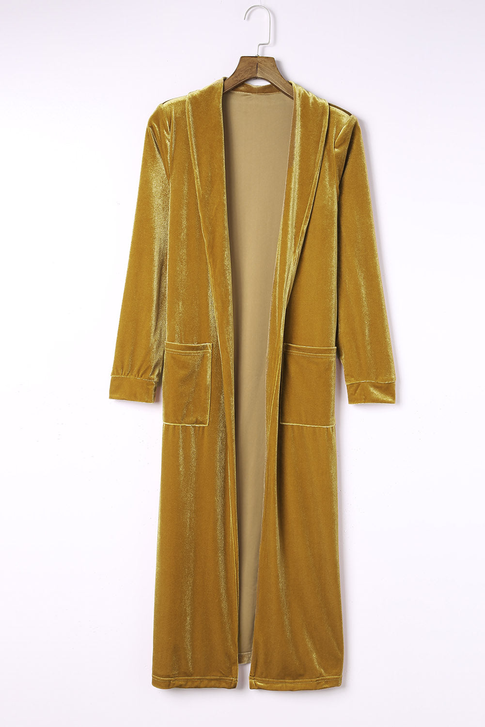 Yellow Velvet Open Front Pocketed Long Duster