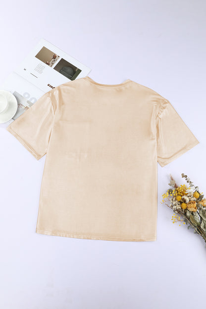 Apricot Glitter Chest Pocket Round Neck Long Sleeve Top