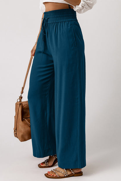 Brown Drawstring Elastic Waist Casual Wide Leg Pants