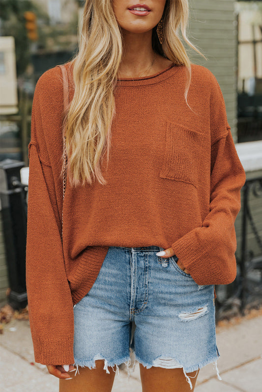 Brown Drop Shoulder Wide Sleeve Loose Sweater