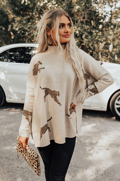 Parchment Lively Cheetah Print High Neck Split Hem Sweater