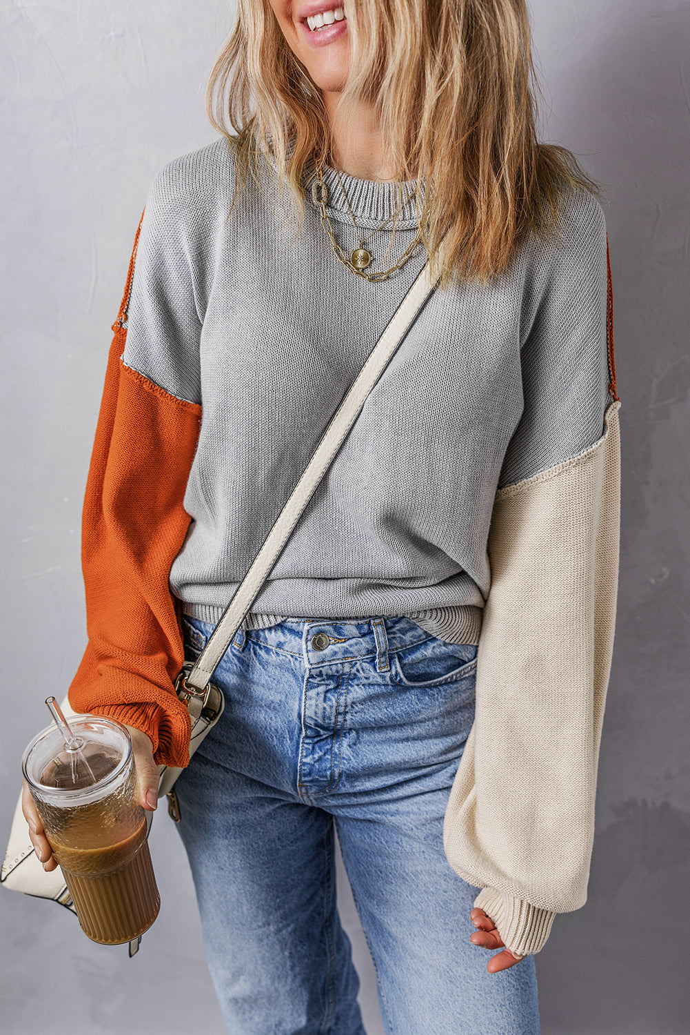 Chicory Coffee Contrast Color Exposed Seam Drop Shoulder Sweater