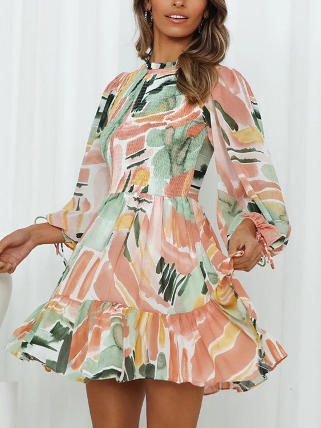 Printed Mock Neck Balloon Sleeve Mini Dress