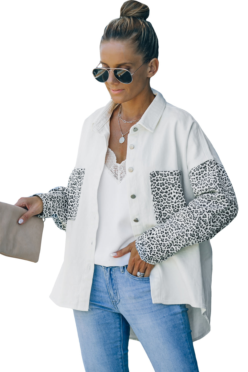 Sky Blue Contrast Leopard Denim Jacket