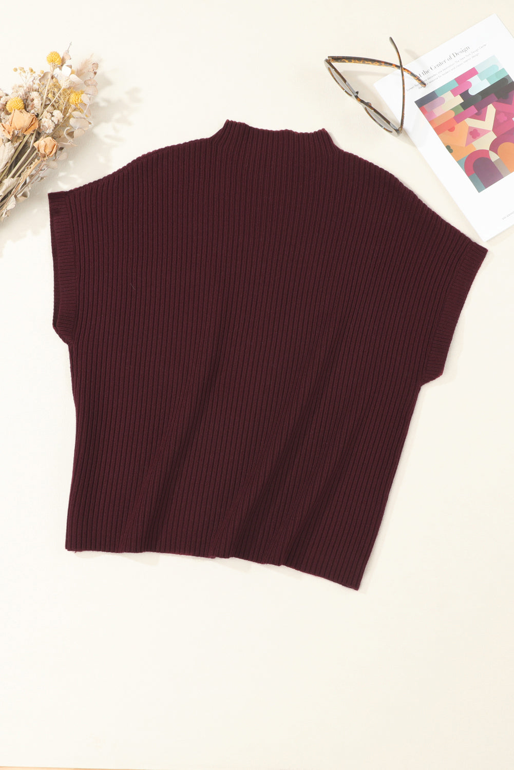 Gold Flame Patch Pocket Ribbed Knit Short Sleeve Sweater