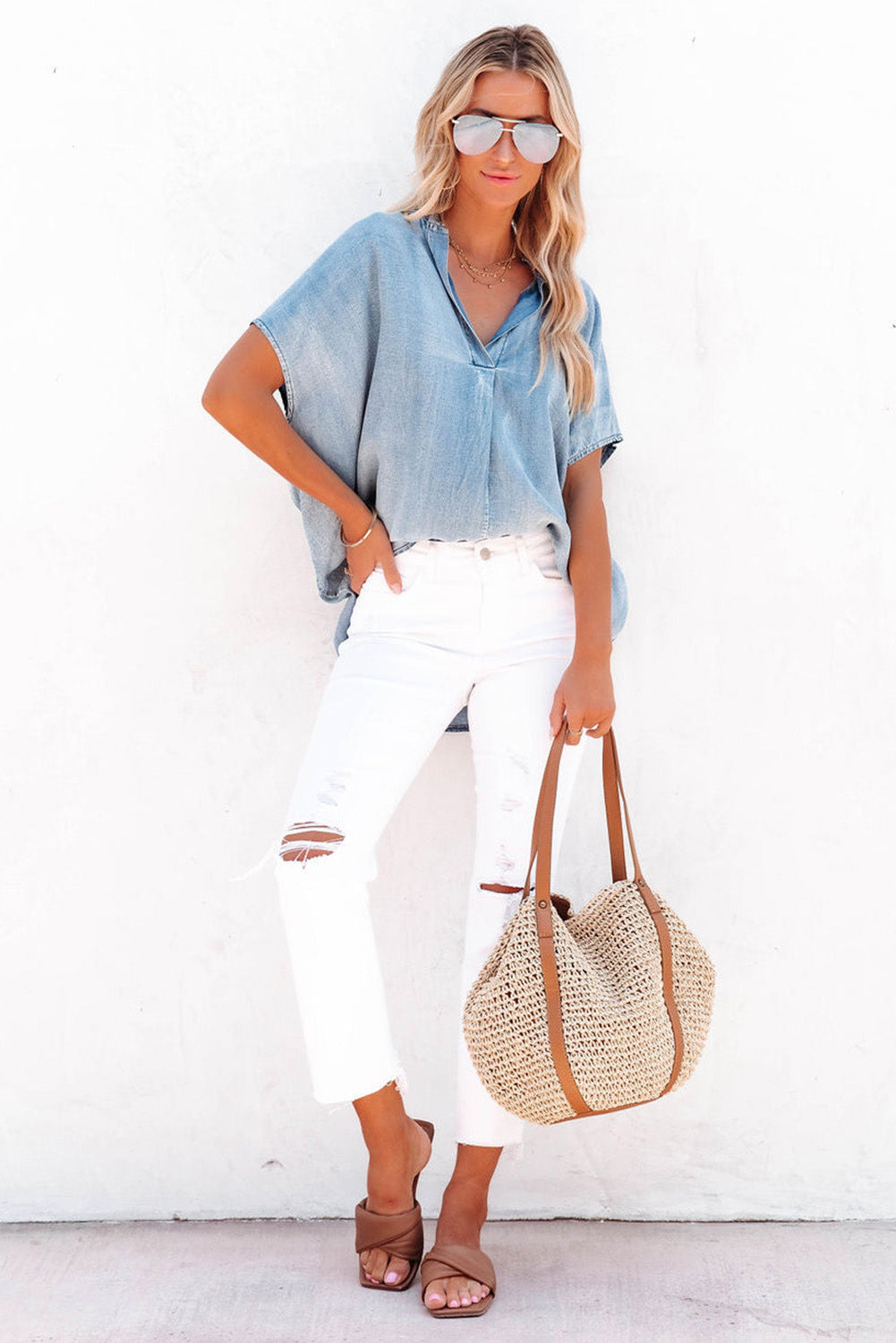 Sky Blue Split V-Neck Balloon Sleeve Ruched Denim Top