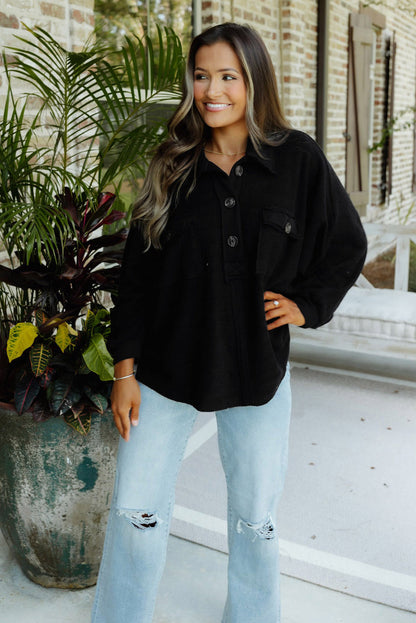 Red Polo Collar Buttoned Patchy Top with Pockets