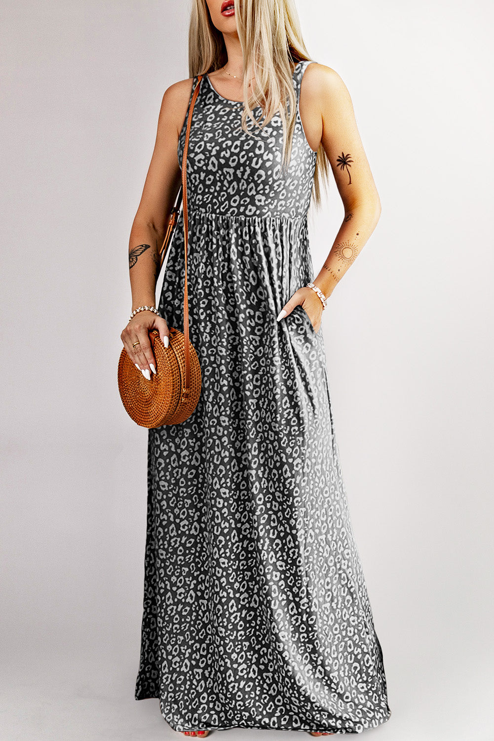 Leopard Animal Print Long Sleeve Empire Waist Maxi Dress