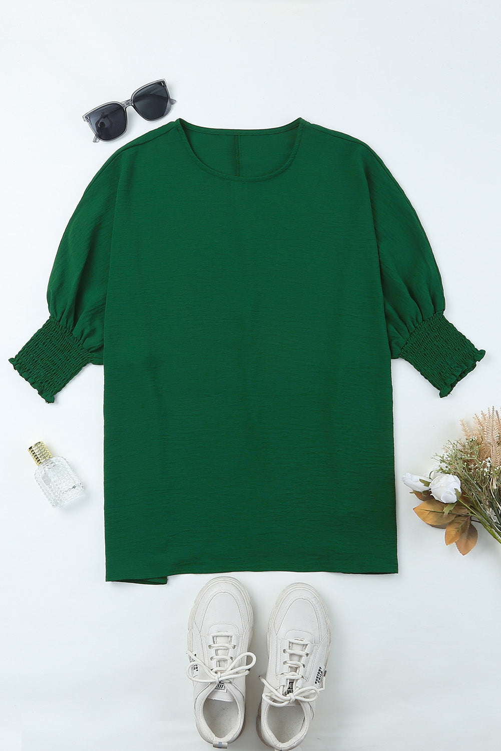 Green Crinkle Texture Puff Sleeve Plus Size Top