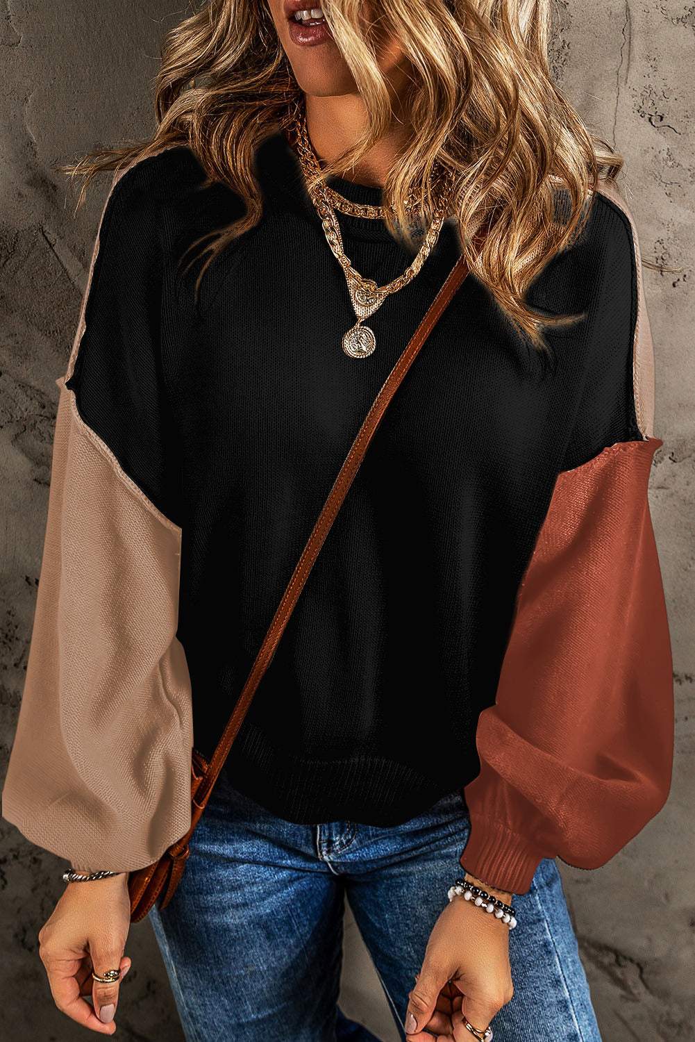 Chicory Coffee Contrast Color Exposed Seam Drop Shoulder Sweater