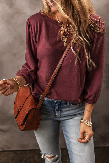 Red Dahlia Solid Color 3/4 Sleeve Round Neck Top