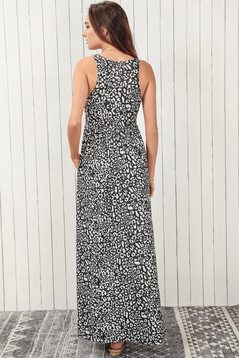 Leopard Animal Print Long Sleeve Empire Waist Maxi Dress