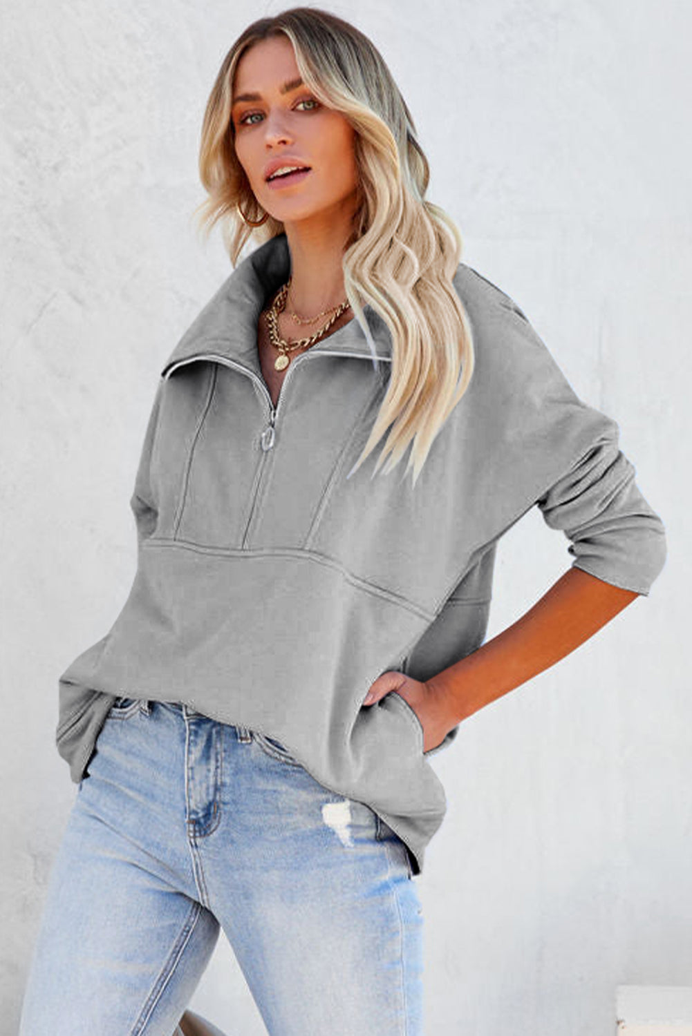 Gray Solid Color Zip Collar Sweatshirt with Pockets