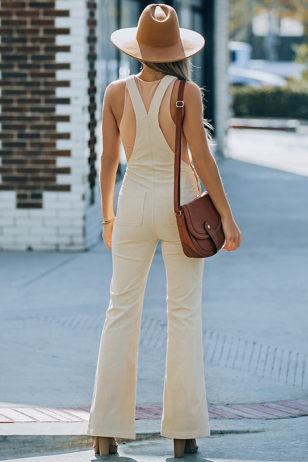 Beige Corduroy Bib Suspender Wide Leg Overall