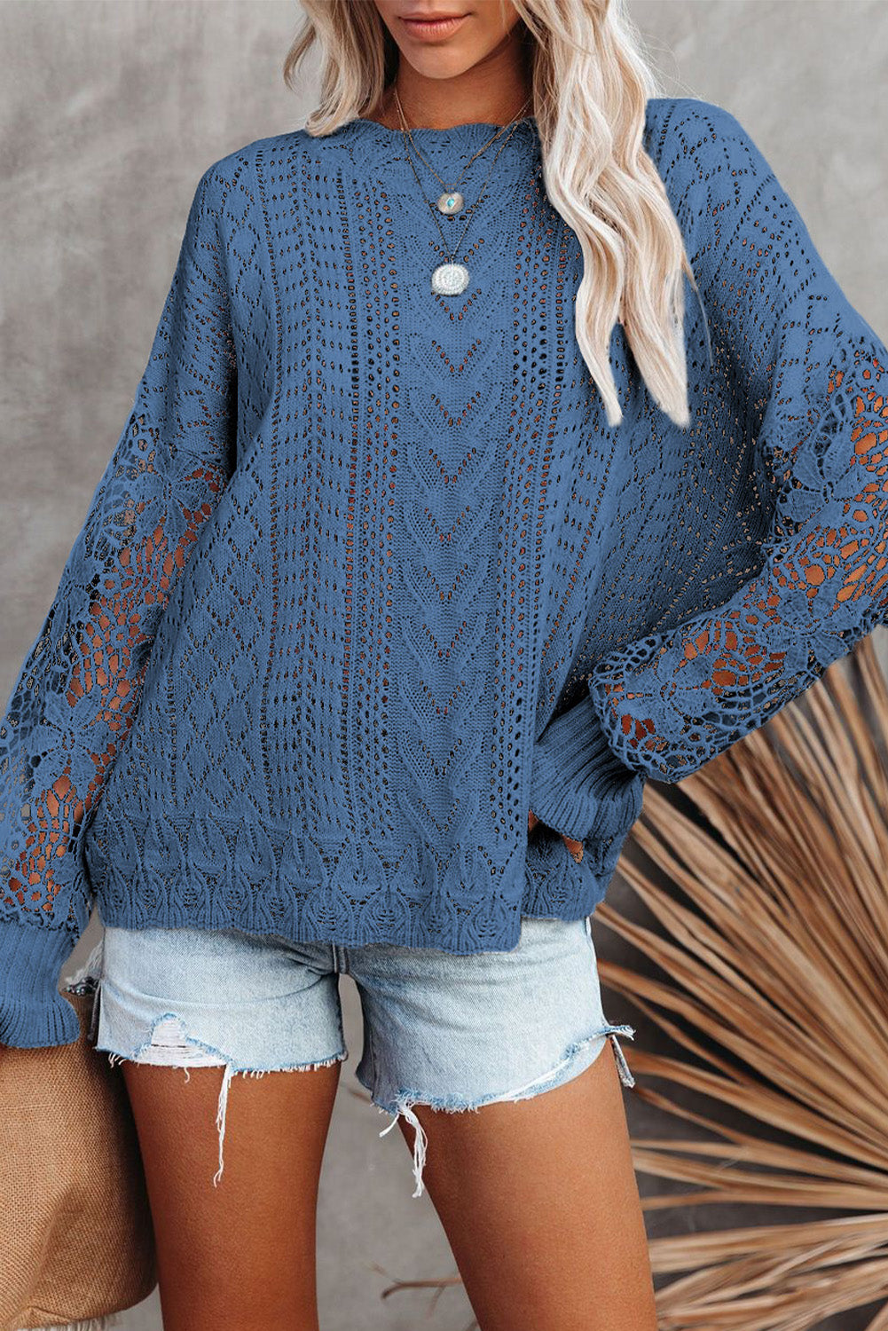 Apricot Crochet Lace Pointelle Knit Sweater