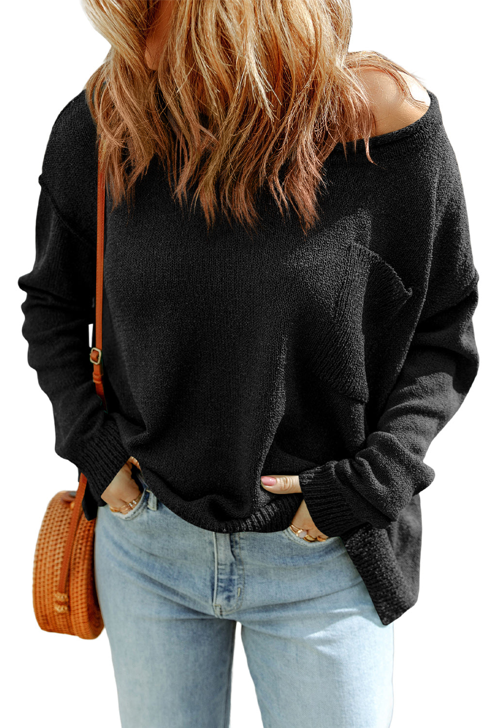 Green Solid Color Off Shoulder Rib Knit Sweater with Pocket