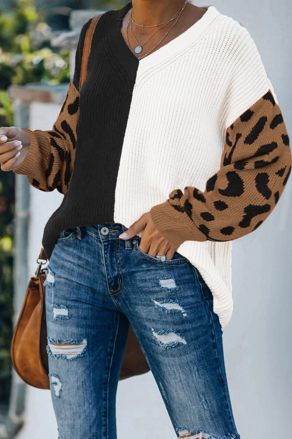 Leopard Print Contrast Color V Neck Sweater