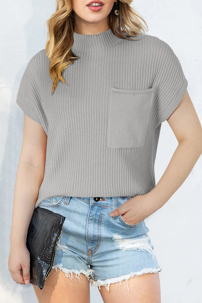 Gold Flame Patch Pocket Ribbed Knit Short Sleeve Sweater