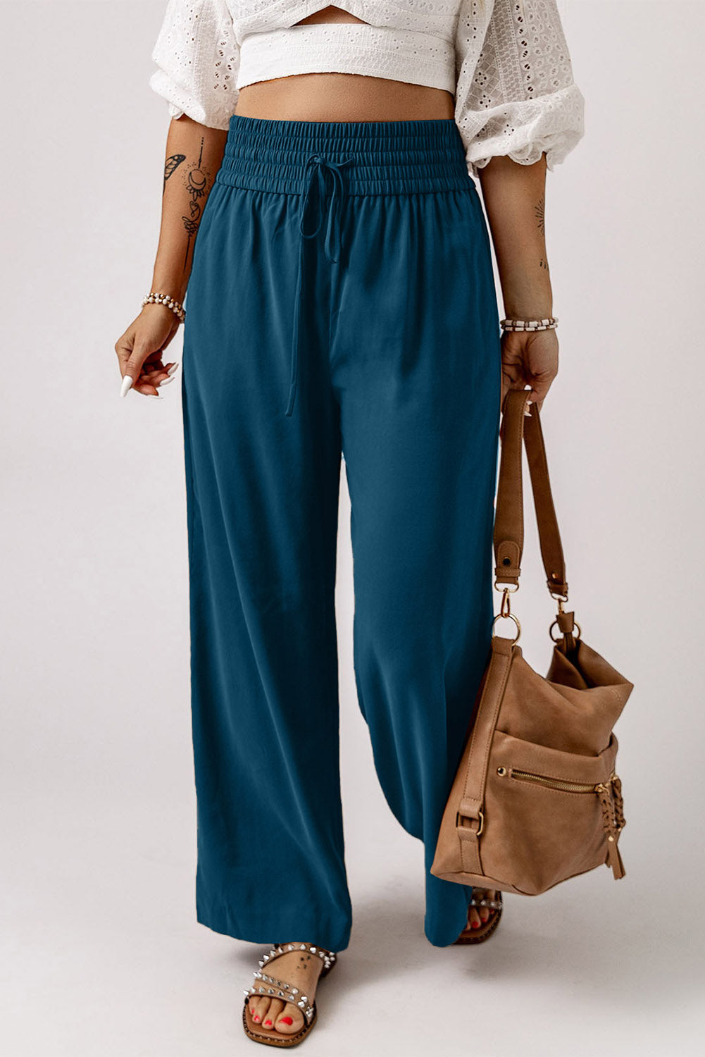 Black Drawstring Elastic Waist Casual Wide Leg Pants