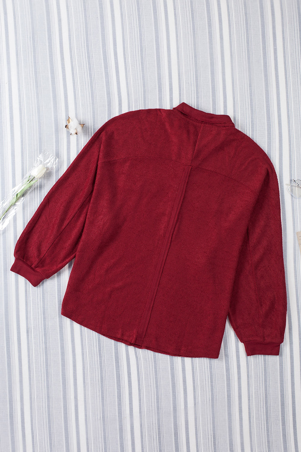 Red Polo Collar Buttoned Patchy Top with Pockets