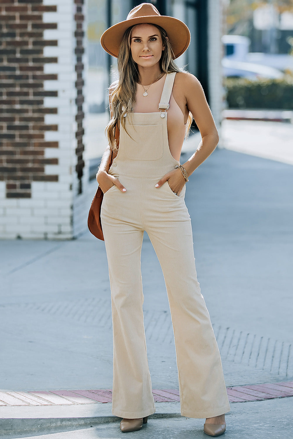 Beige Corduroy Bib Suspender Wide Leg Overall