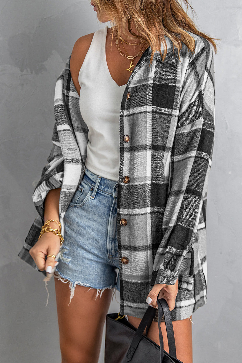 Red Plaid Print Buttoned Shirt Jacket