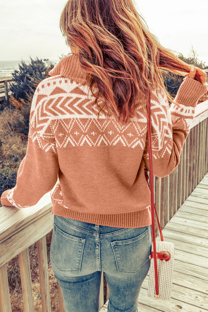 White Geometry Knit Quarter Zip Sweater