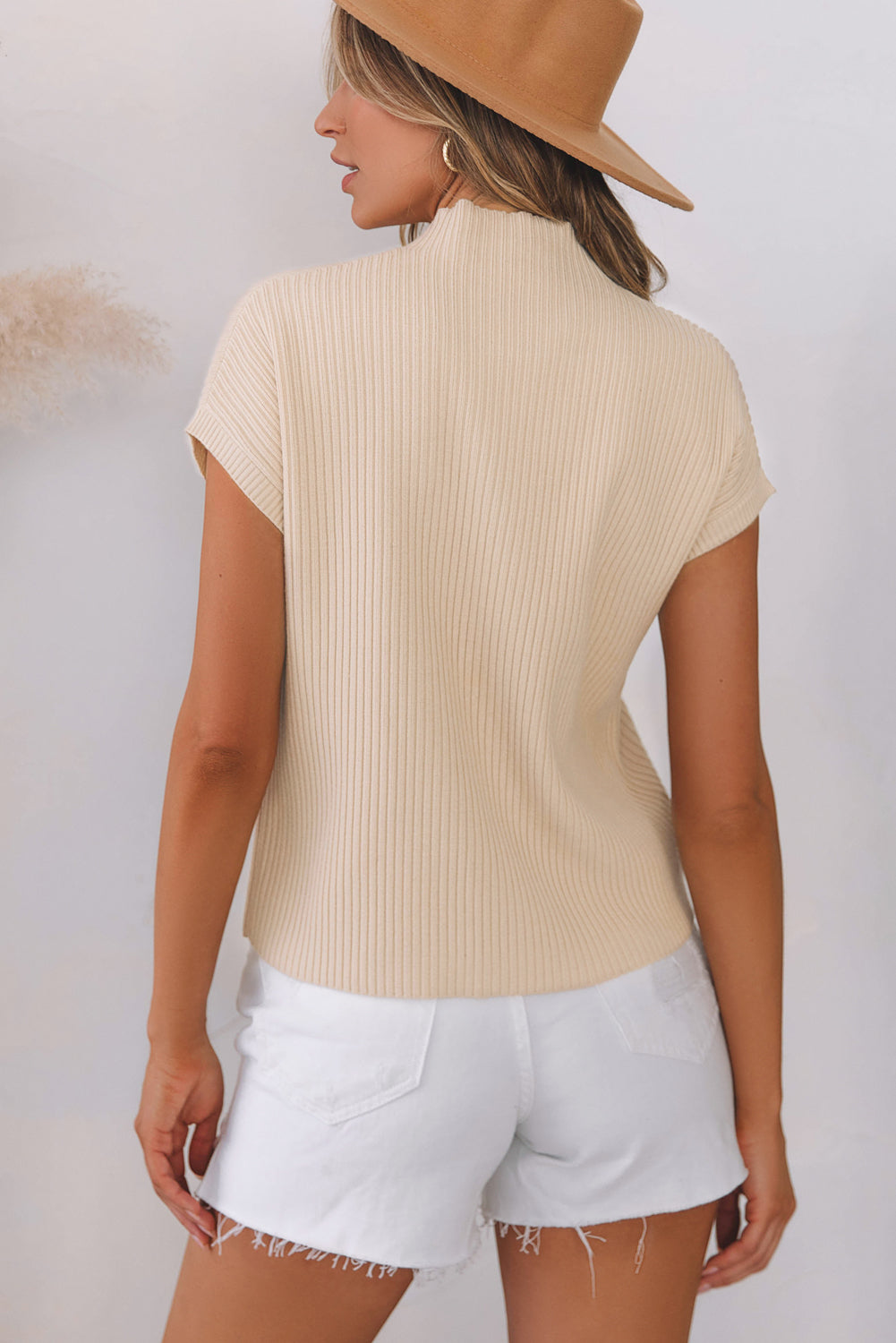 Gold Flame Patch Pocket Ribbed Knit Short Sleeve Sweater