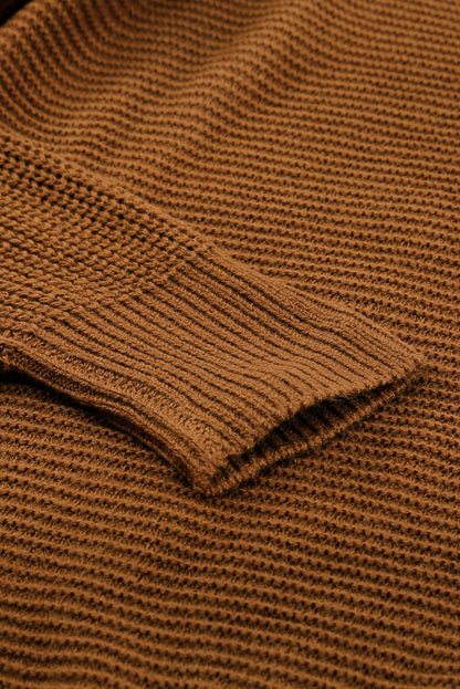 Brown Zip Knitted High Neck Sweater