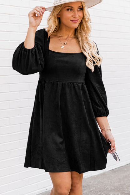 Brown Suede Square Neck Puff Sleeve Dress