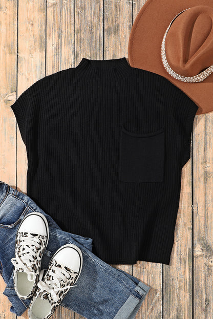 Gold Flame Patch Pocket Ribbed Knit Short Sleeve Sweater