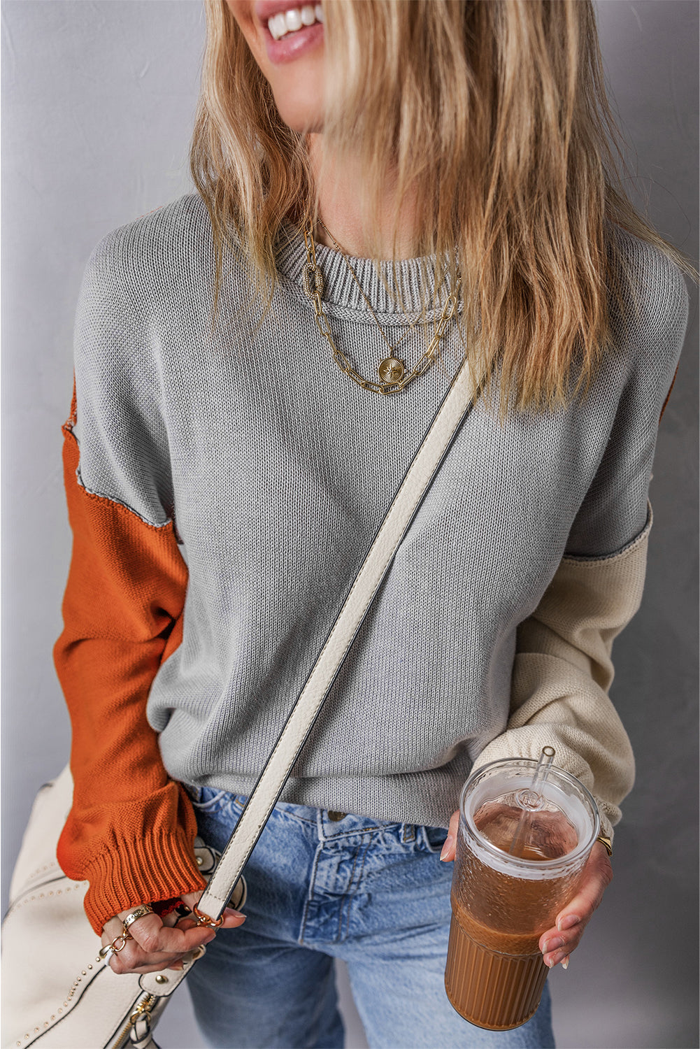 Chicory Coffee Contrast Color Exposed Seam Drop Shoulder Sweater