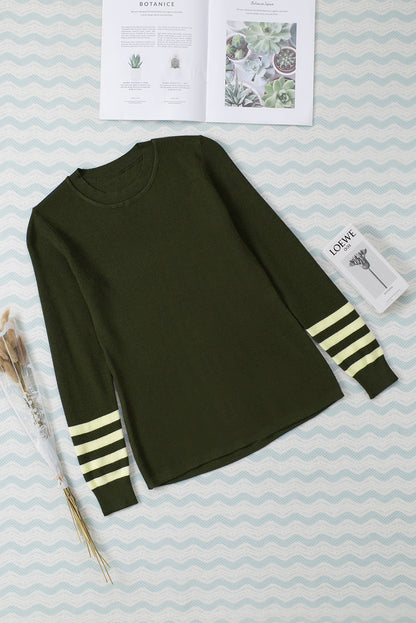 Black Striped Sleeve Plain Knit Sweater