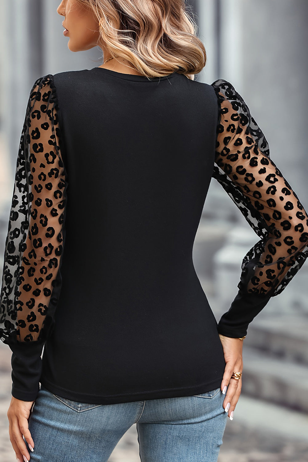 Red Dahlia Leopard Mesh Puff Sleeve Patchwork Slim Fit Top