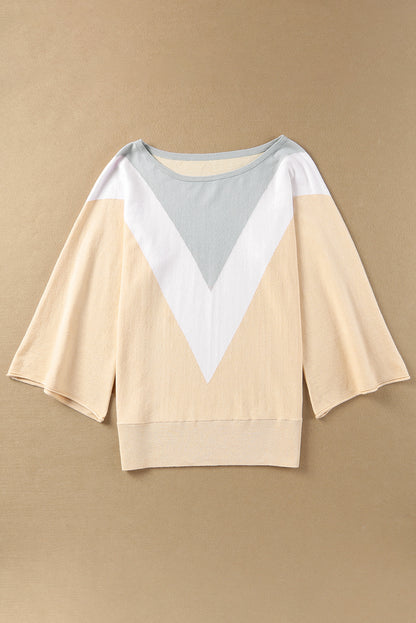 Apricot 3/4 Sleeve Chevron Color Block Sweater