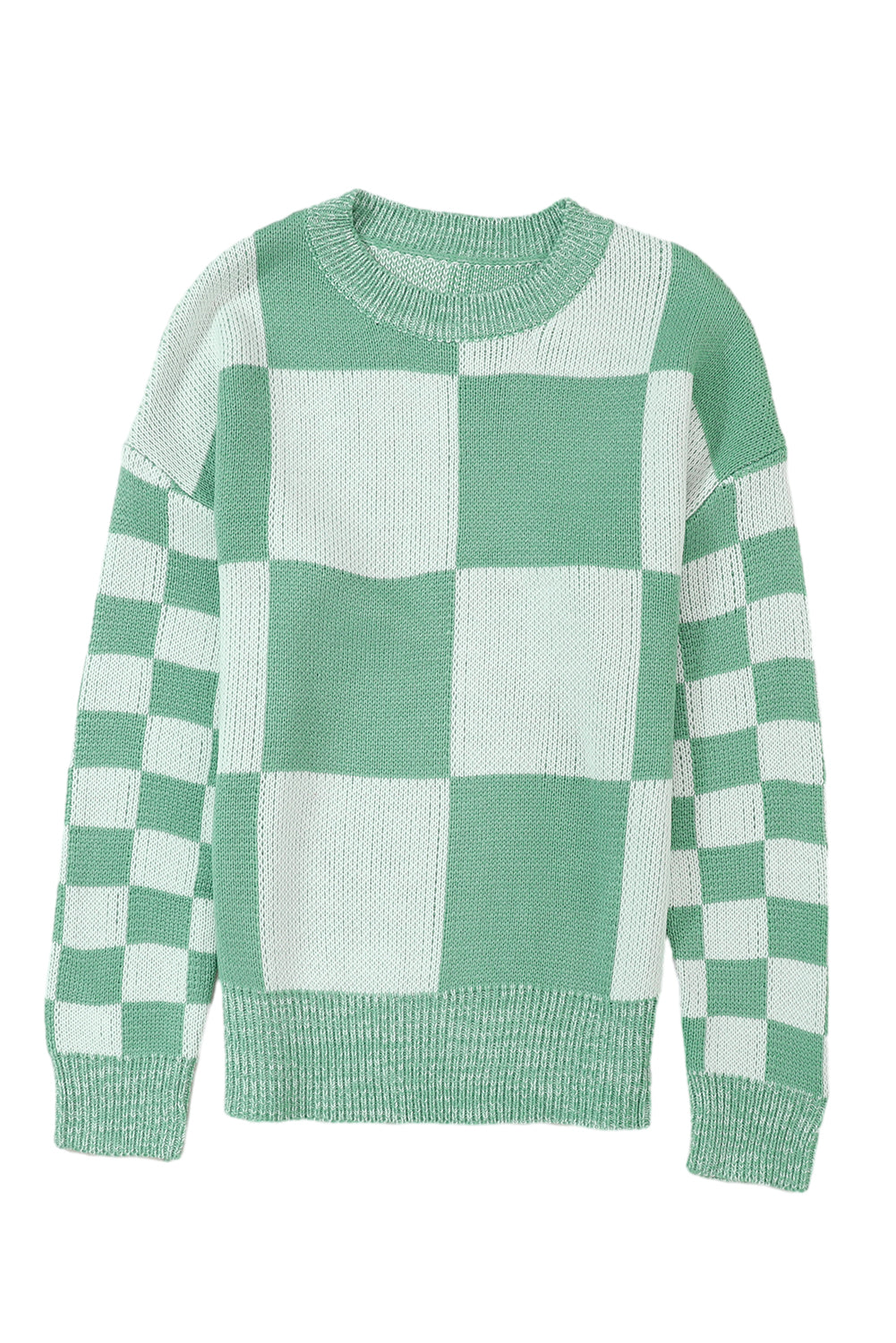 Mint Green Checkered Print Drop Shoulder Sweater