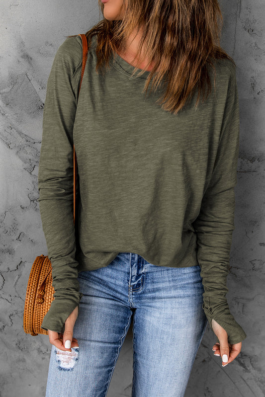 Green Solid Crew Neck Long Sleeve Long Sweatshirt