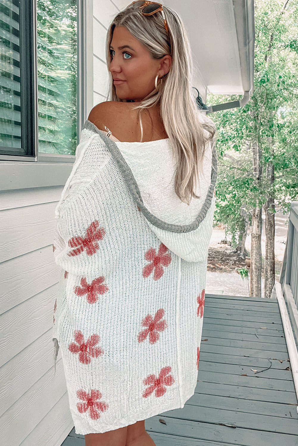 Floral Print Lightweight Knit Hooded Sweater