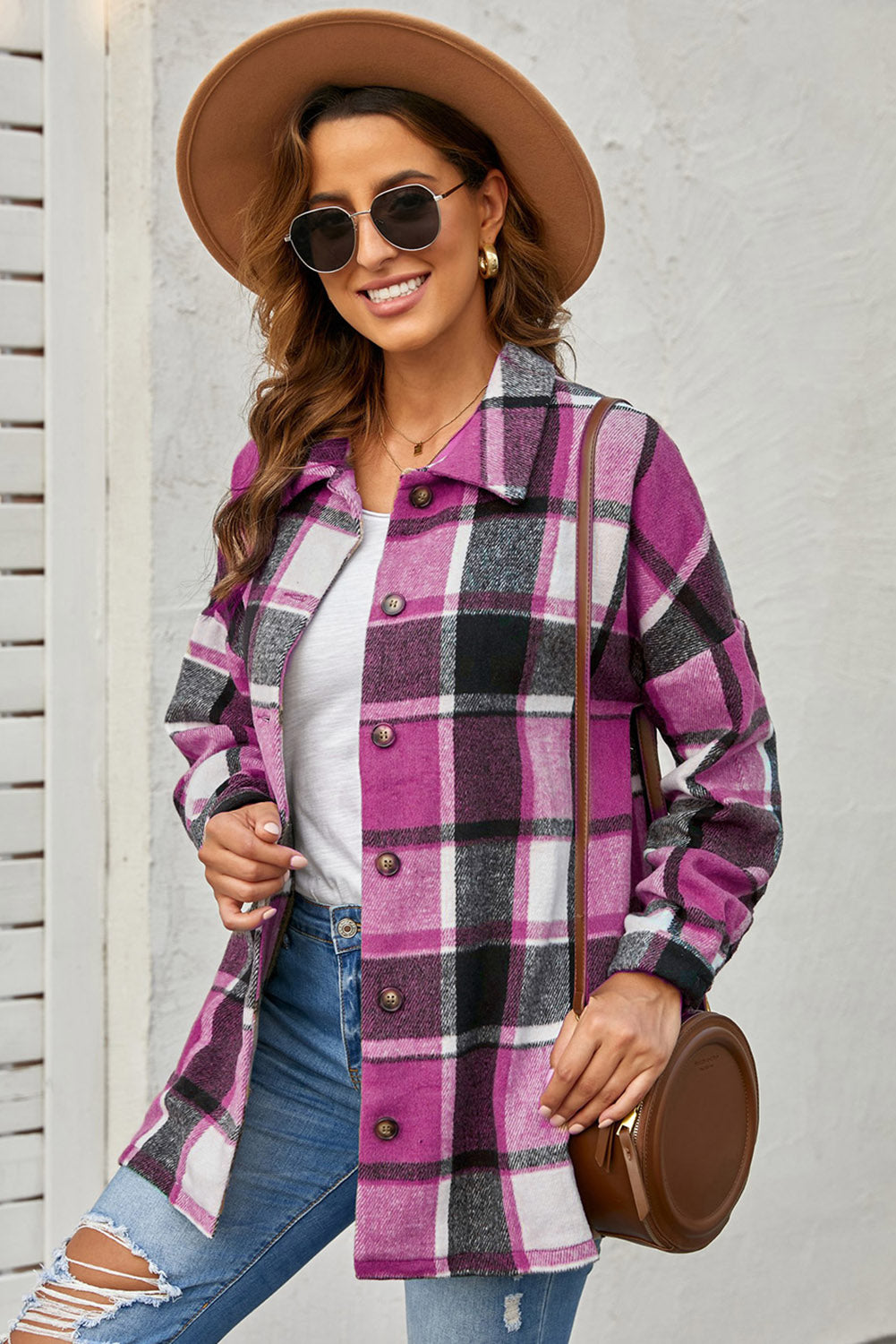 Red Plaid Print Buttoned Shirt Jacket