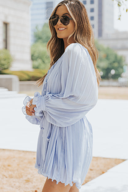 Pink Pleated Ruffled Tie Waist Buttons V Neck Romper