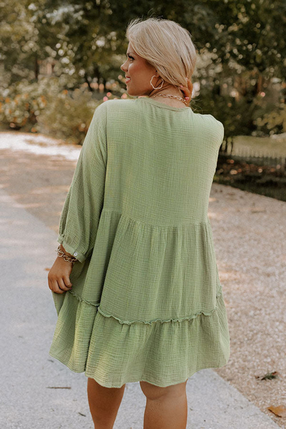 Green Textured Ruffled Buttoned V Neck Plus Size Mini Dress