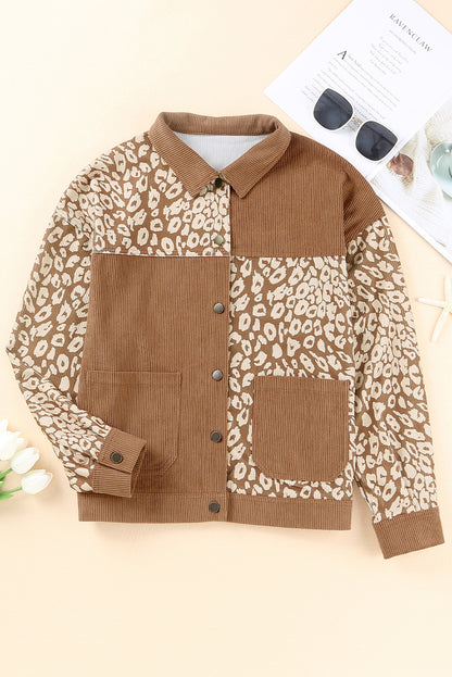 White Leopard Print Corduroy Long Sleeve Jacket