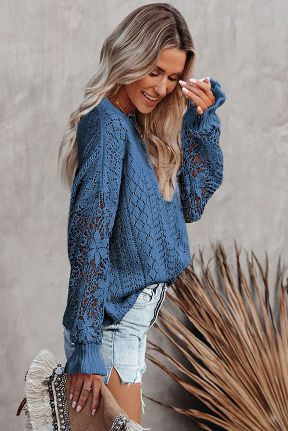 Apricot Crochet Lace Pointelle Knit Sweater