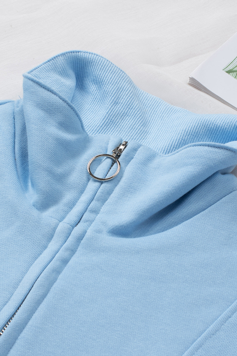 Gray Solid Color Zip Collar Sweatshirt with Pockets