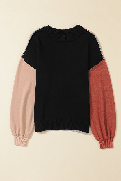 Pink Colorblock Bishop Sleeve Ribbed Trim Sweater