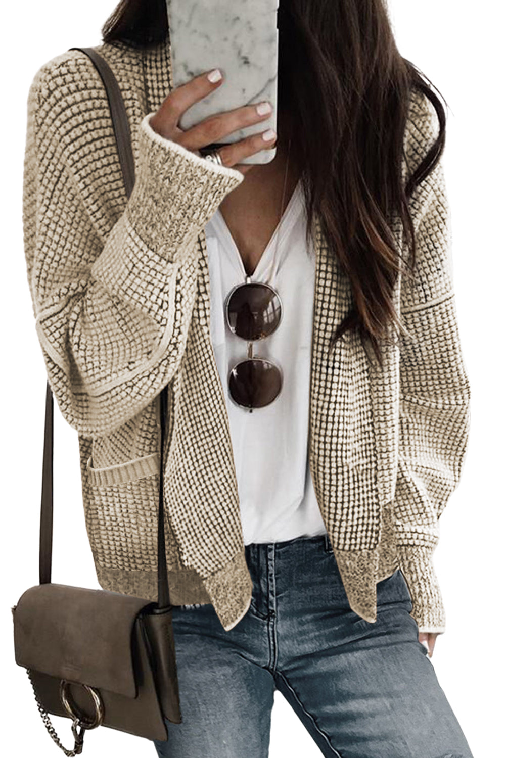 Rose Plaid Knitted Long Open Front Cardigan